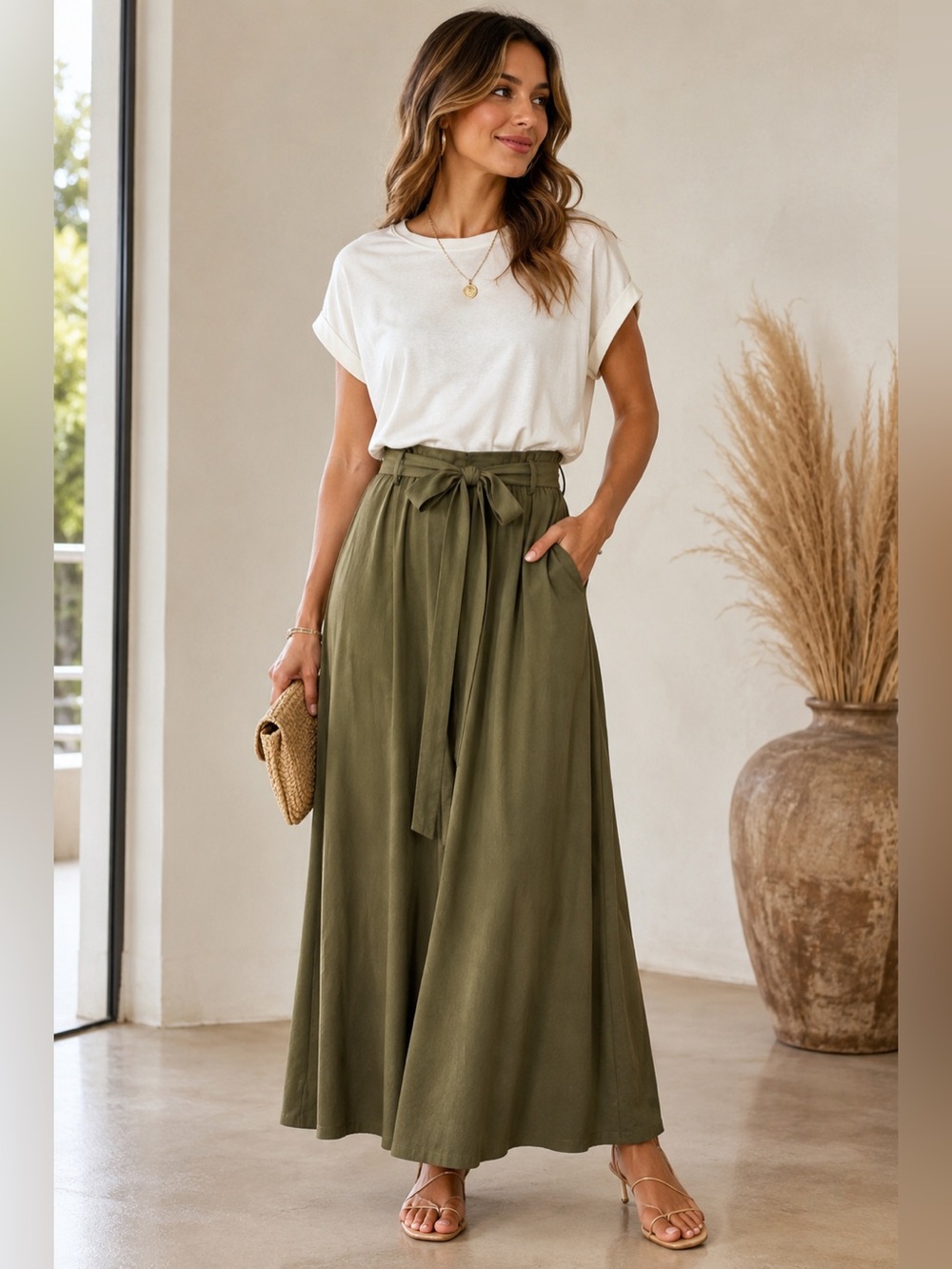 Rinascimento Italy Ivory Olive Belted Midi Dress Large